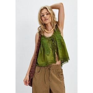 FREE PEOPLE Forevermore Lace Button Tank Green Medium